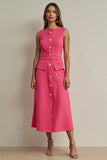 Fuchsia A Line Single Breasted Tea Length Work Dress