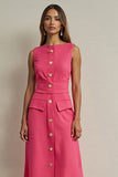 Fuchsia A Line Single Breasted Tea Length Work Dress