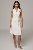 Ivory A Line Satin Notched Lapel Midi Work Dress