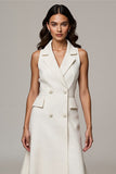 Ivory A Line Satin Notched Lapel Midi Work Dress