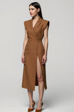 Brown A Line Notched Lapel Midi Work Dress with Slit
