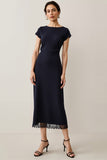 Navy Satin A Line Semi Formal Dress with Lace