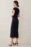 Navy Satin A Line Semi Formal Dress with Lace