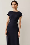 Navy Satin A Line Semi Formal Dress with Lace
