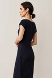 Navy Satin A Line Semi Formal Dress with Lace