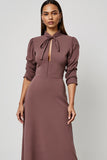 Grey Purple A Line Satin Keyhole Semi Formal Dress with Sleeves