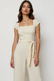 Apricot Satin Square Neck Work Jumpsuits with Sash