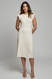 Ivory A Line Round Neck Midi Work Dress with Ruffles