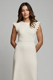 Ivory A Line Round Neck Midi Work Dress with Ruffles