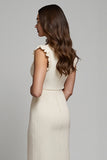 Ivory A Line Round Neck Midi Work Dress with Ruffles