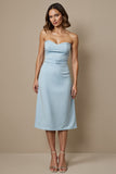 Strapless A Line Blue Midi Wedding Guest Dress