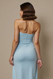 Strapless A Line Blue Midi Wedding Guest Dress