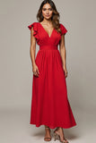 Red A Line V Neck Ruffled Work Dress
