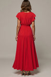 Red A Line V Neck Ruffled Work Dress