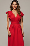 Red A Line V Neck Ruffled Work Dress