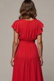 Red A Line V Neck Ruffled Work Dress