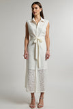 Lace Lapel A Line Ivory Work Dress With Sash