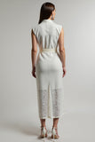 Lace Lapel A Line Ivory Work Dress With Sash
