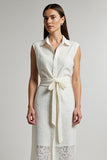 Lace Lapel A Line Ivory Work Dress With Sash