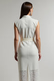 Lace Lapel A Line Ivory Work Dress With Sash