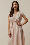 A Line V Neck Long Blush Work Dress With Belt