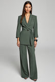 Lapel Dark Green Long Sleeve Two Piece Work Dress With Sash