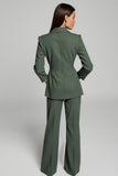 Lapel Dark Green Long Sleeve Two Piece Work Dress With Sash