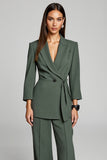 Lapel Dark Green Long Sleeve Two Piece Work Dress With Sash