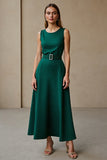 Dark Green Round Neck A Line Work Dress with Belt