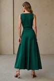 Dark Green Round Neck A Line Work Dress with Belt