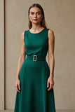 Dark Green Round Neck A Line Work Dress with Belt