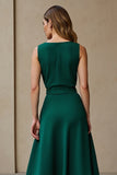 Dark Green Round Neck A Line Work Dress with Belt