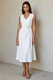 White V Neck A Line Work Dress with Belt