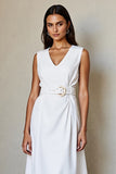 White V Neck A Line Work Dress with Belt