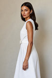 White V Neck A Line Work Dress with Belt