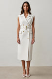 White Notched Lapel Sheath Maxi Work Dress with Belt