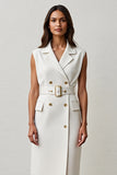 White Notched Lapel Sheath Maxi Work Dress with Belt