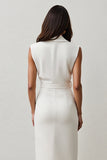 White Notched Lapel Sheath Maxi Work Dress with Belt