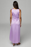 Purple Satin Sheath Boat Neck Maxi Wedding Guest Dress with Drape