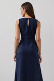 Navy A Line Boat Neck Maxi Work Dress