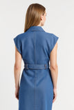 Grey Blue Cap Sleeves Sheath Maxi Work Dress with Belt