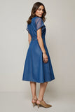 Grey Blue Round Neck Midi Work Dress with Sleeves
