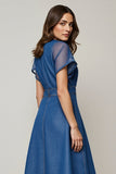 Grey Blue Round Neck Midi Work Dress with Sleeves