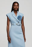 Light Blue Floral Notched Lapel Midi Work Dress with Belt