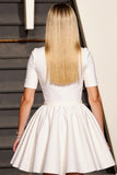 White V-Neck Short A Line Work Dress with Sleeves