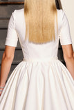 White V-Neck Short A Line Work Dress with Sleeves