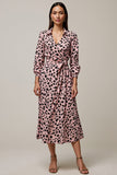 Pink A Line Ruched Leopard Long Work Dress with Sleeves