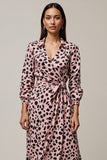 Pink A Line Ruched Leopard Long Work Dress with Sleeves