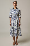 A Line White And Blue Leopard Printed Half Sleeves Long Work Dress