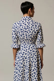 A Line White And Blue Leopard Printed Half Sleeves Long Work Dress
